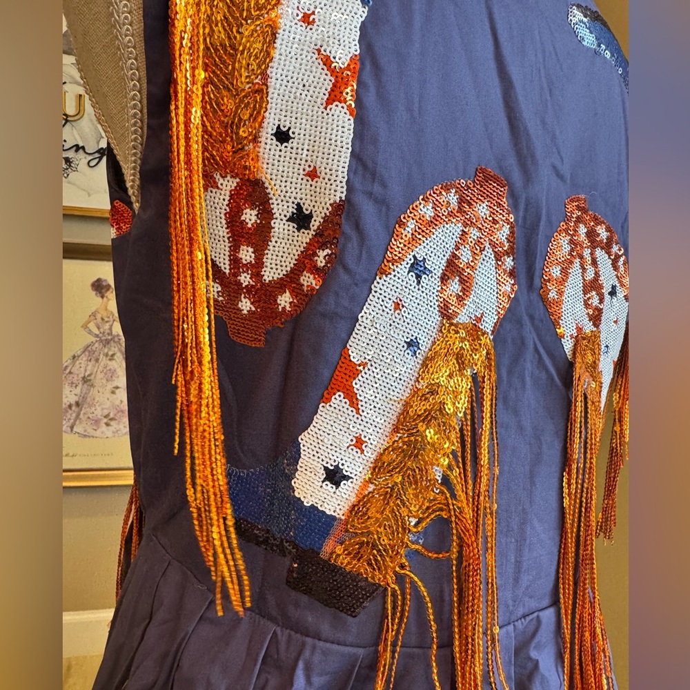 New! QUEEN OF SPARKLES Blue and Orange Boot Fringe Mini Dress - Picture 9 of 10